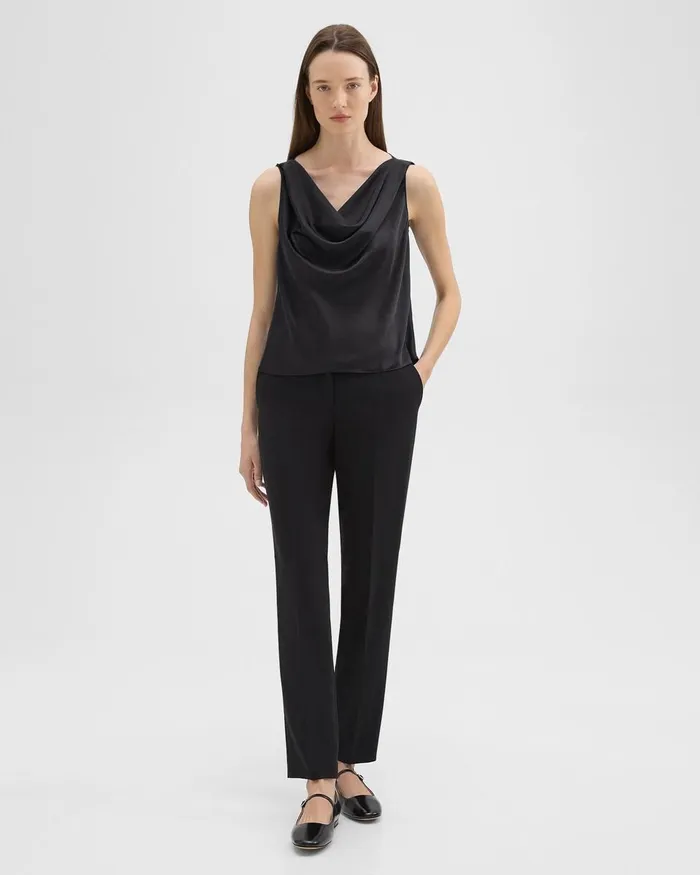 Women Theory Tops Cowl Neck Top In Crushed Satin Black