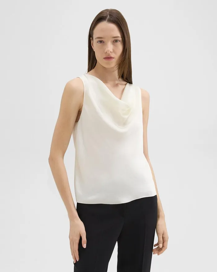 Women Theory Tops Cowl Neck Top In Crushed Satin Rice