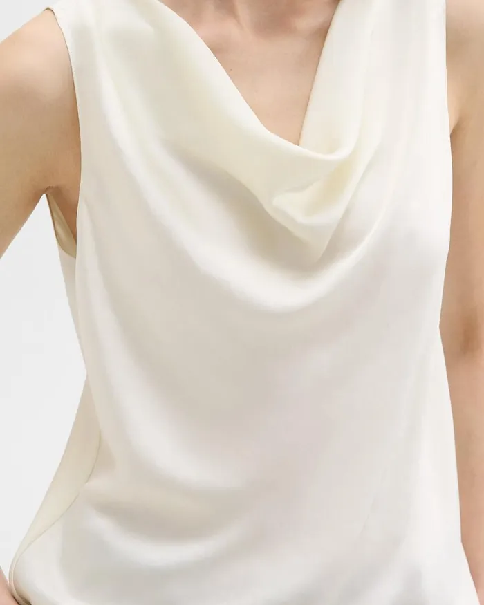 Women Theory Tops Cowl Neck Top In Crushed Satin Rice