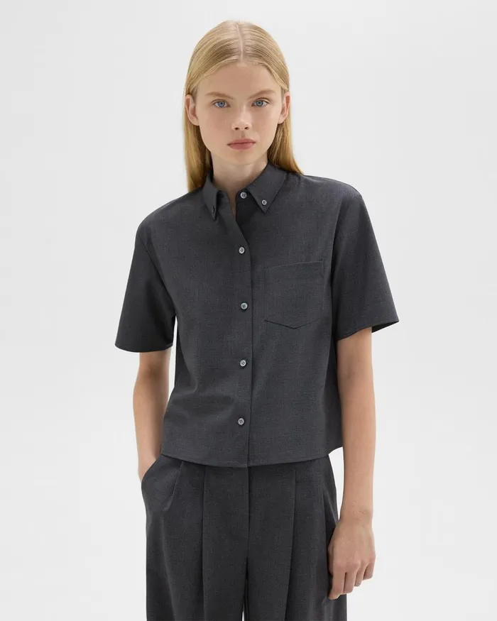 Women Theory Tops Cropped ShortSleeve Shirt In Good Wool Charcoal Melange