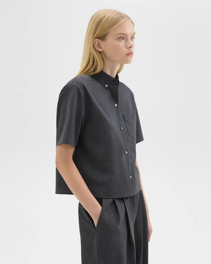 Women Theory Tops Cropped ShortSleeve Shirt In Good Wool Charcoal Melange