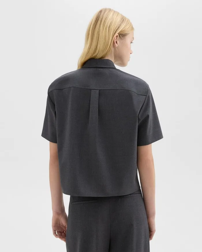 Women Theory Tops Cropped ShortSleeve Shirt In Good Wool Charcoal Melange