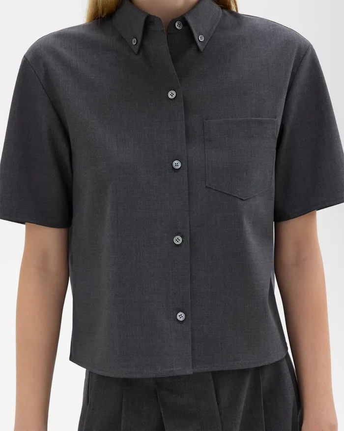 Women Theory Tops Cropped ShortSleeve Shirt In Good Wool Charcoal Melange