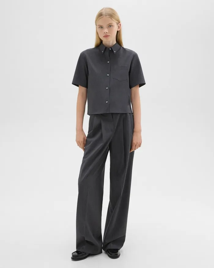 Women Theory Tops Cropped ShortSleeve Shirt In Good Wool Charcoal Melange