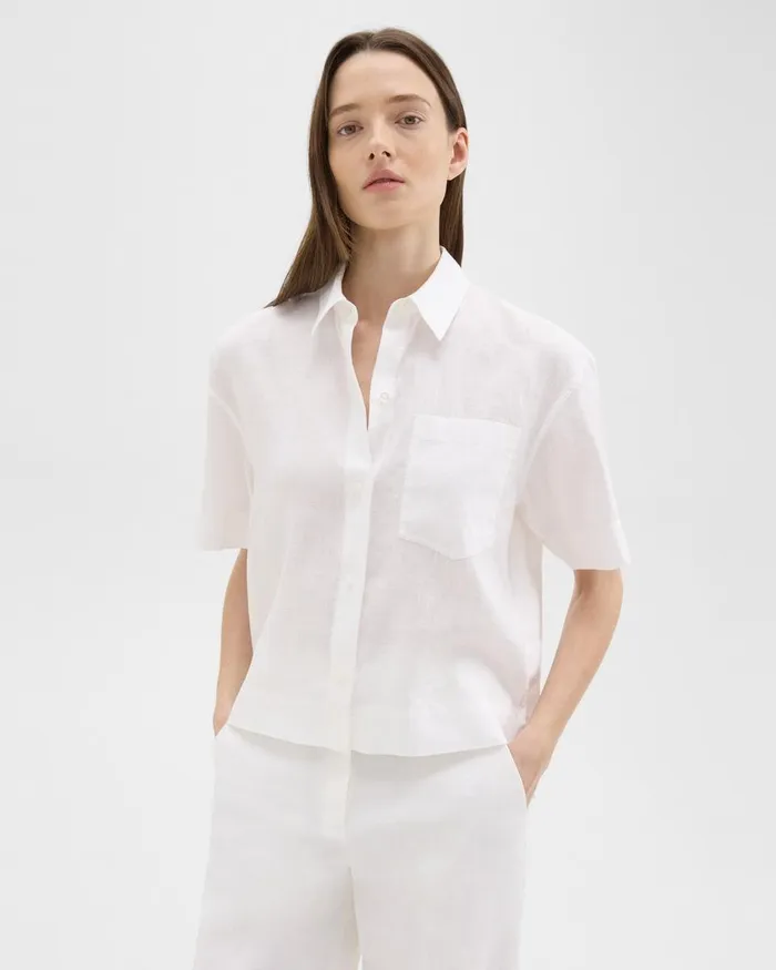 Women Theory Tops ShortSleeve Shirt In Relaxed Linen White