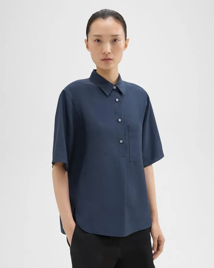 Women Theory Tops ShortSleeve Silk Popover Shirt Eclipse