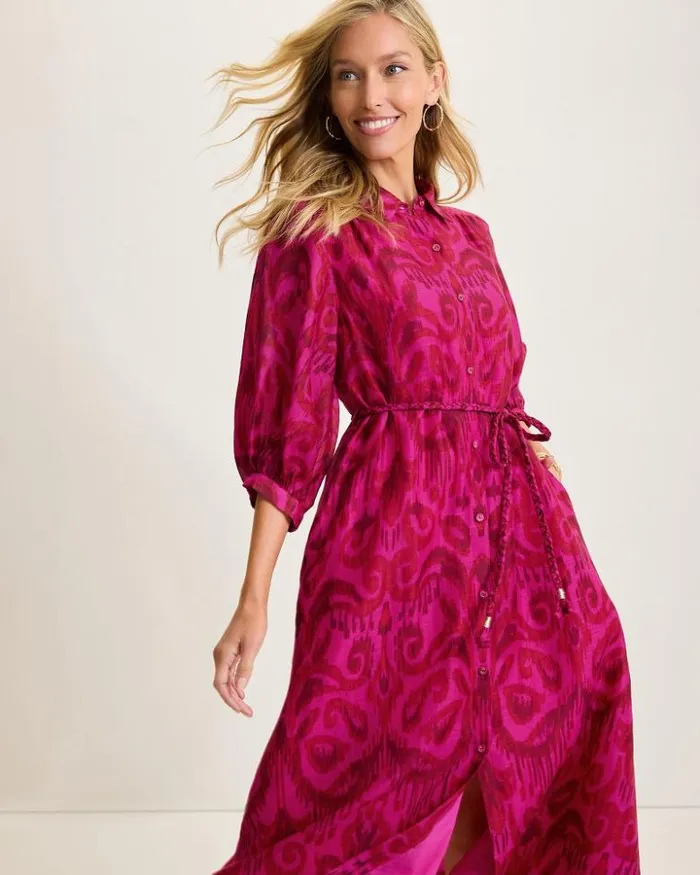 Women Tommy Bahama Dresses Seaside Ikat Midi Shirt Dress Pink Papaya