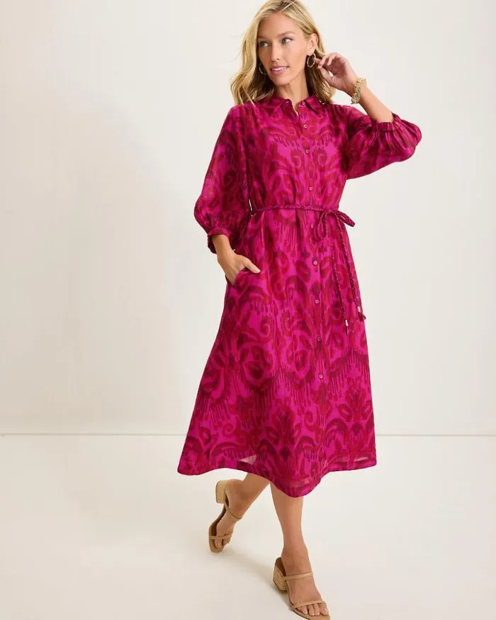 Women Tommy Bahama Dresses Seaside Ikat Midi Shirt Dress Pink Papaya