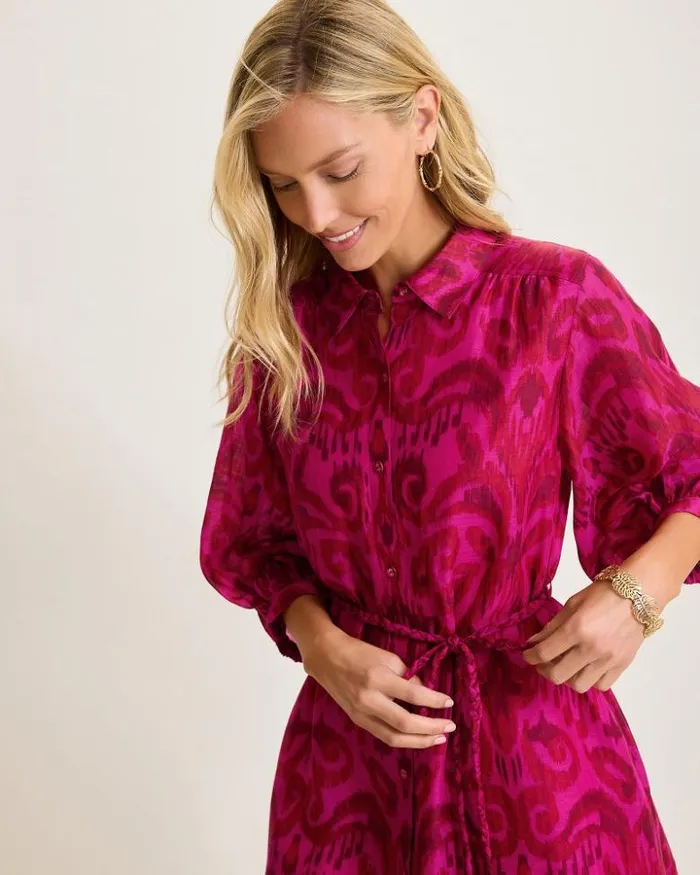 Women Tommy Bahama Dresses Seaside Ikat Midi Shirt Dress Pink Papaya