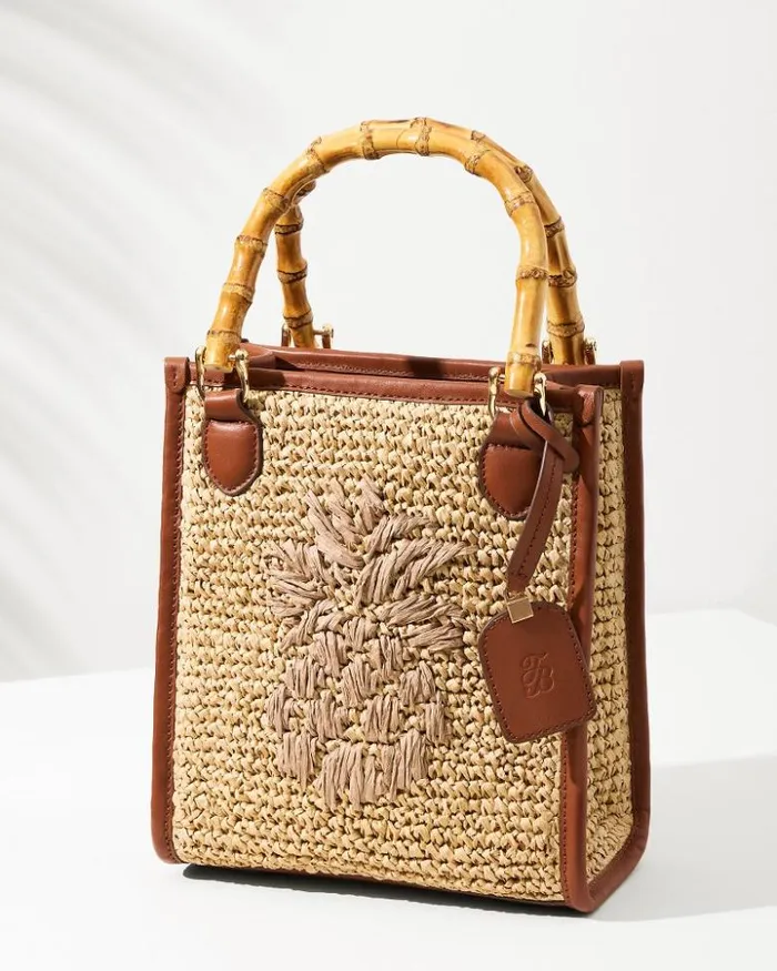 Women Tommy Bahama Handbags and Clutches Raffia and Leather Bamboo Mini Tote Tan