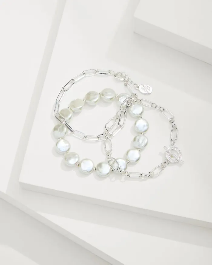 Women Tommy Bahama Jewelry Sanibel Island Link and Pearl Bracelet Set Silver