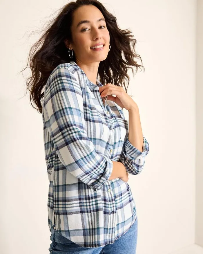 Women Tommy Bahama Tops and Shirts Breezy Shoreline Flannel Shirt Light Chambray