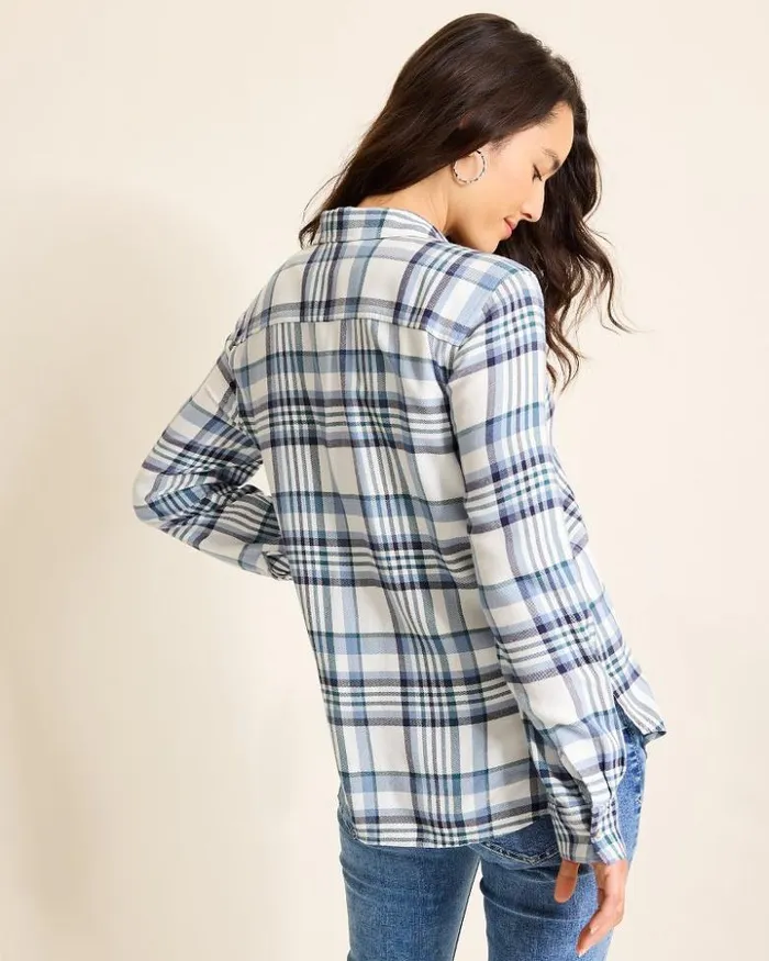 Women Tommy Bahama Tops and Shirts Breezy Shoreline Flannel Shirt Light Chambray
