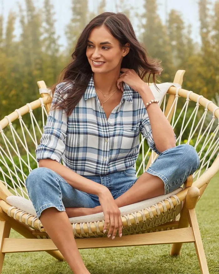 Women Tommy Bahama Tops and Shirts Breezy Shoreline Flannel Shirt Light Chambray
