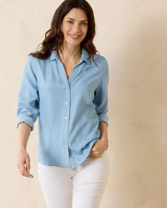 Women Tommy Bahama Tops and Shirts Chambray All Day LongSleeve Shirt Light Storm Wash