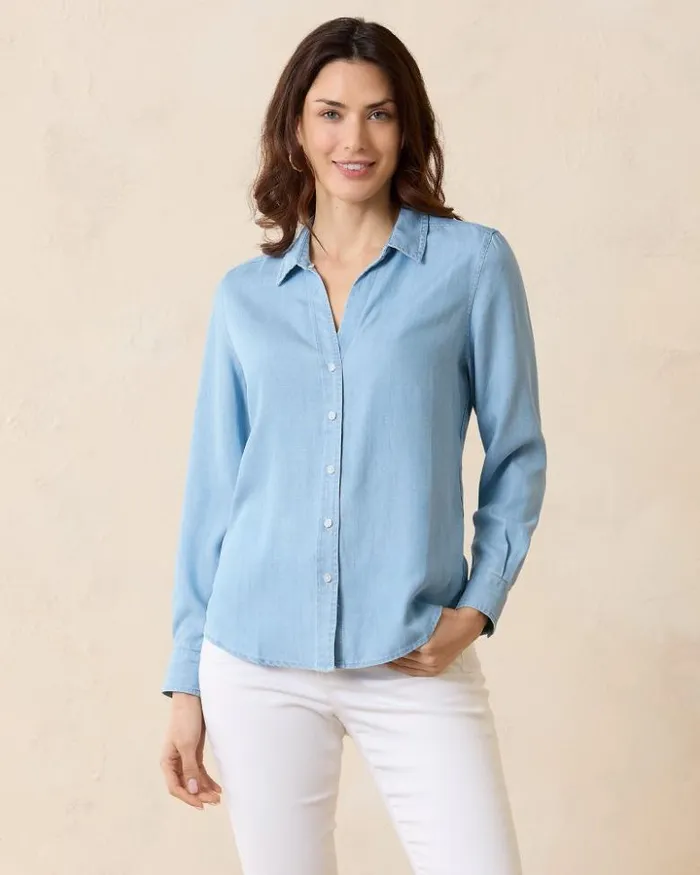 Women Tommy Bahama Tops and Shirts Chambray All Day LongSleeve Shirt Light Storm Wash Women Tommy Bahama Tops and Shirts Chambray All Day LongSleeve Shirt Light Storm Wash
