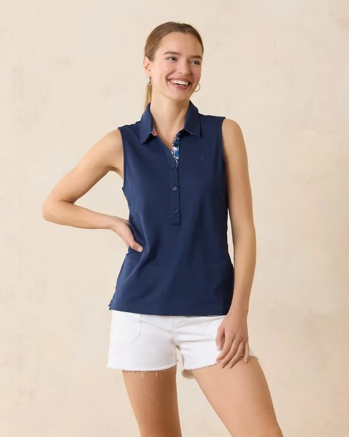 Women Tommy Bahama Tops and Shirts Paradise Piqu Sleeveless Polo Island Navy