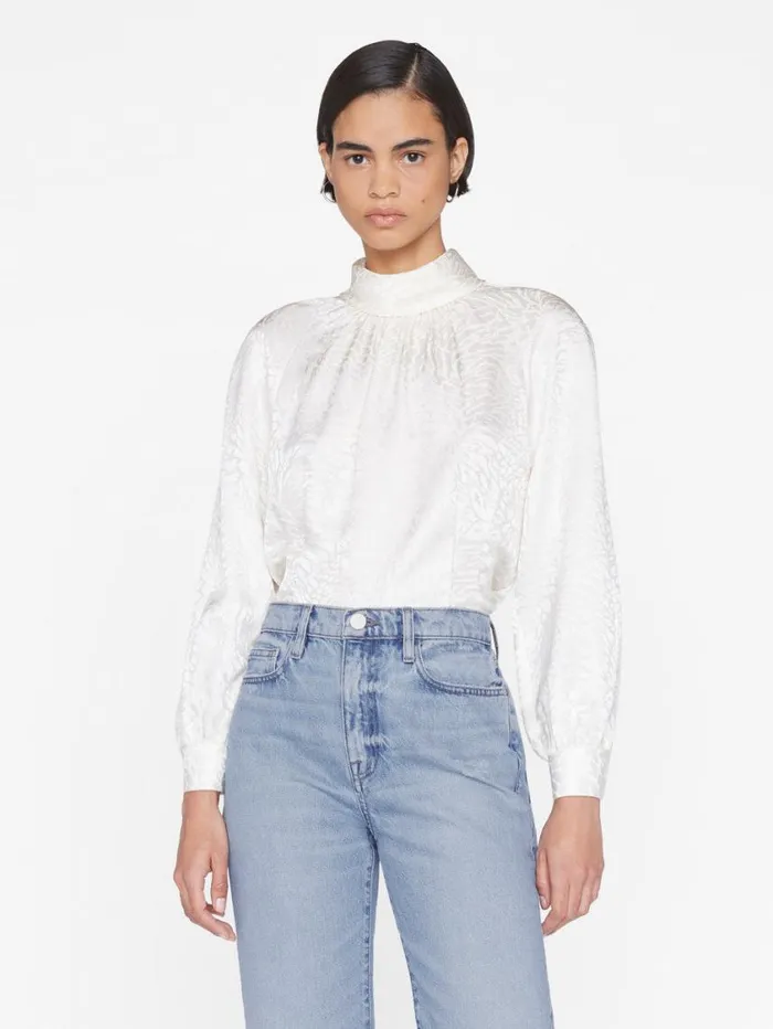 Women Tops and Blouses FRAME Foldover Mock Neck Blouse 8212 Off White