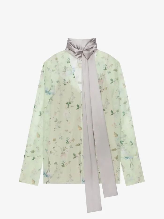 Women Tops and Shirts Givenchy Printed Blouse In Silk Chiffon With Lavallire Pale Green
