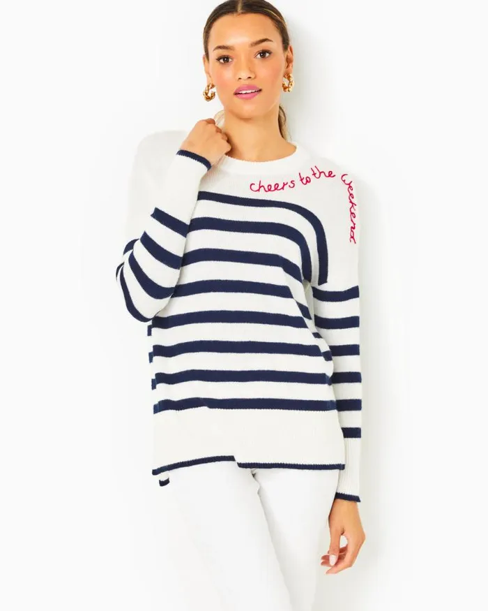 Women Tops Lilly Pulitzer Quince Sweater Low Tide Navy Cruise Stripe