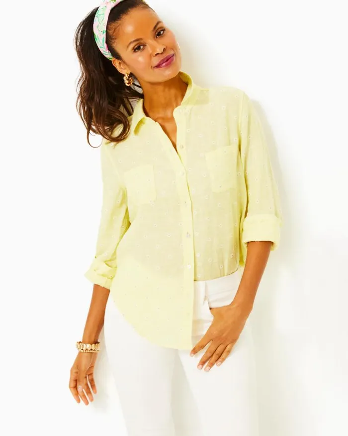 Women Tops Lilly Pulitzer Sea View Linen Button Down Top Urchin Pink X Resort White