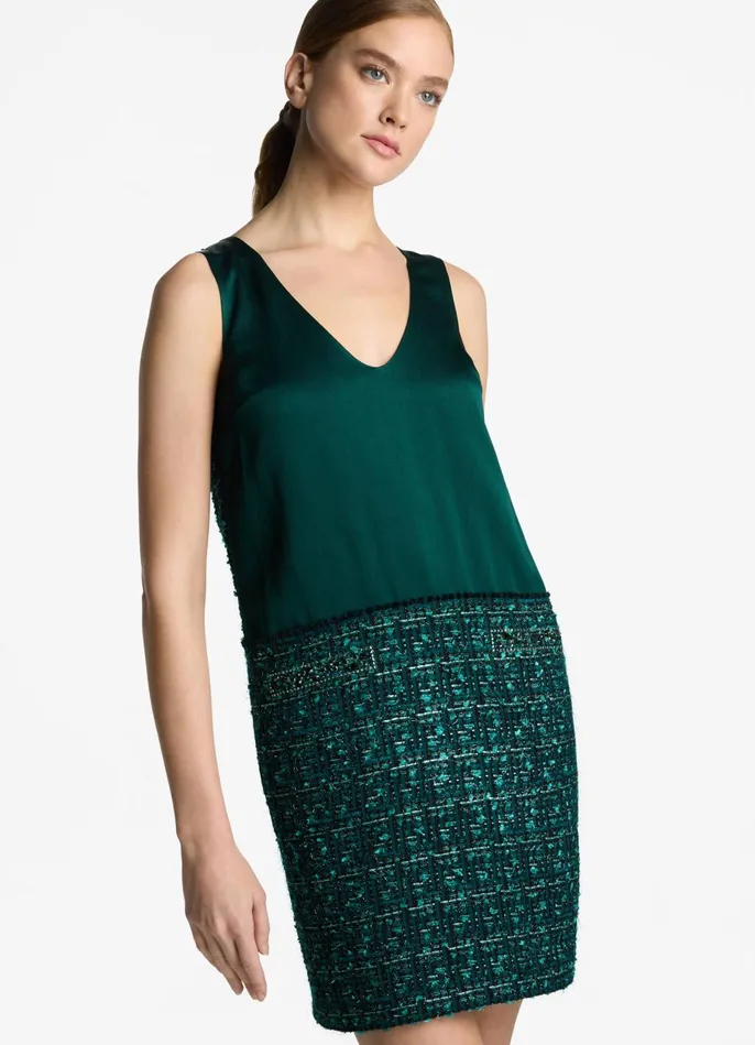 Women Twill Tweed Mixed Media Dress Spruce Multi St John Dresses