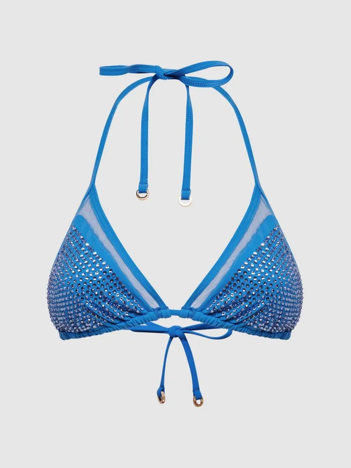 Women Tyra Embellished Halter Bikini Top Blue Reiss Swimwear