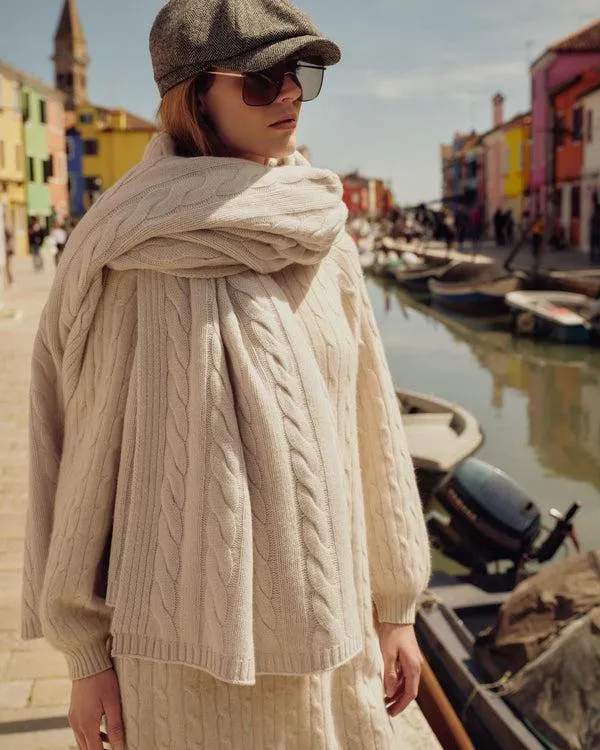 Women Women039s Crew Neck Cable Cashmere DressIn Ecru White Ecru White NPeal Dresses and Skirts