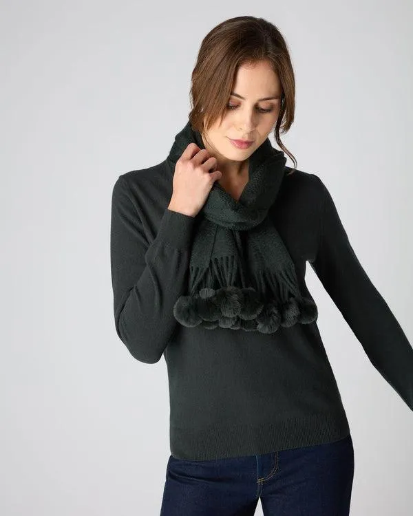 Women Women039s Fur Bobble Woven Cashmere ScarfIn Dark Green Dark Green NPeal Cashmere Scarves