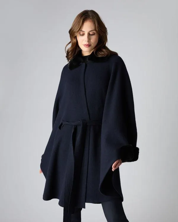 Women Women039s Rex Trim Belted Cashmere CapeIn Navy Blue Navy Blue NPeal Capes and Ponchos