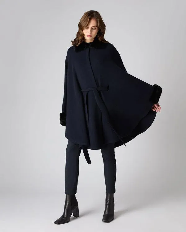 Women Women039s Rex Trim Belted Cashmere CapeIn Navy Blue Navy Blue NPeal Capes and Ponchos