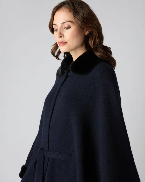 Women Women039s Rex Trim Belted Cashmere CapeIn Navy Blue Navy Blue NPeal Capes and Ponchos