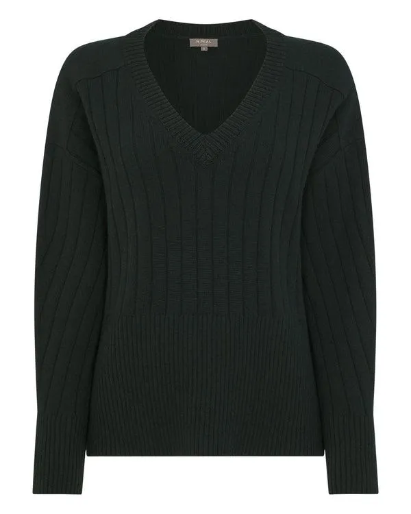Women Women039s Wide Rib V Neck Cashmere SweaterIn Dark Green Dark Green NPeal V Necks