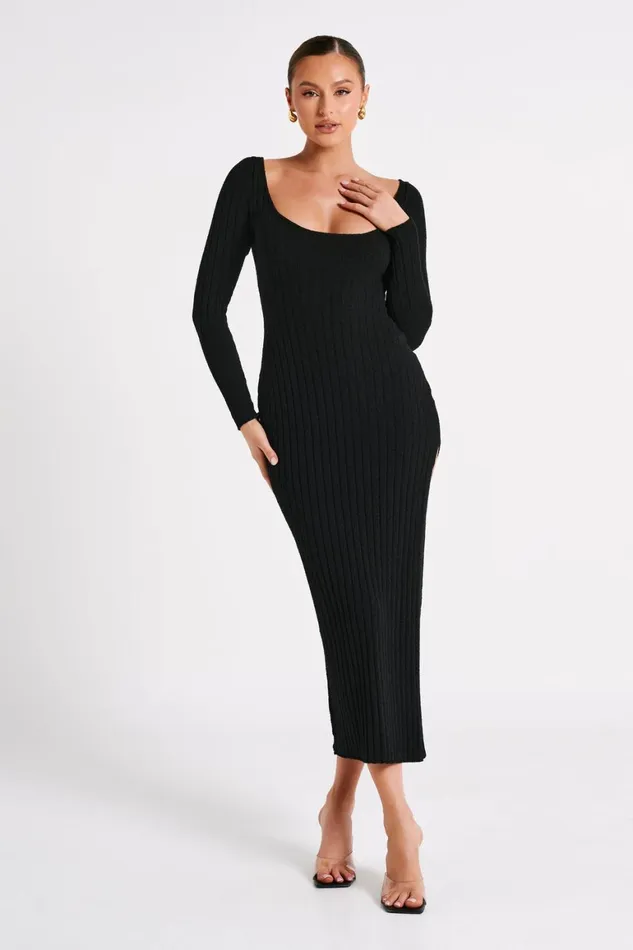 Women Zinnia Knit Maxi Dress With Split 8211 Black Black Meshki Maxi Dresses