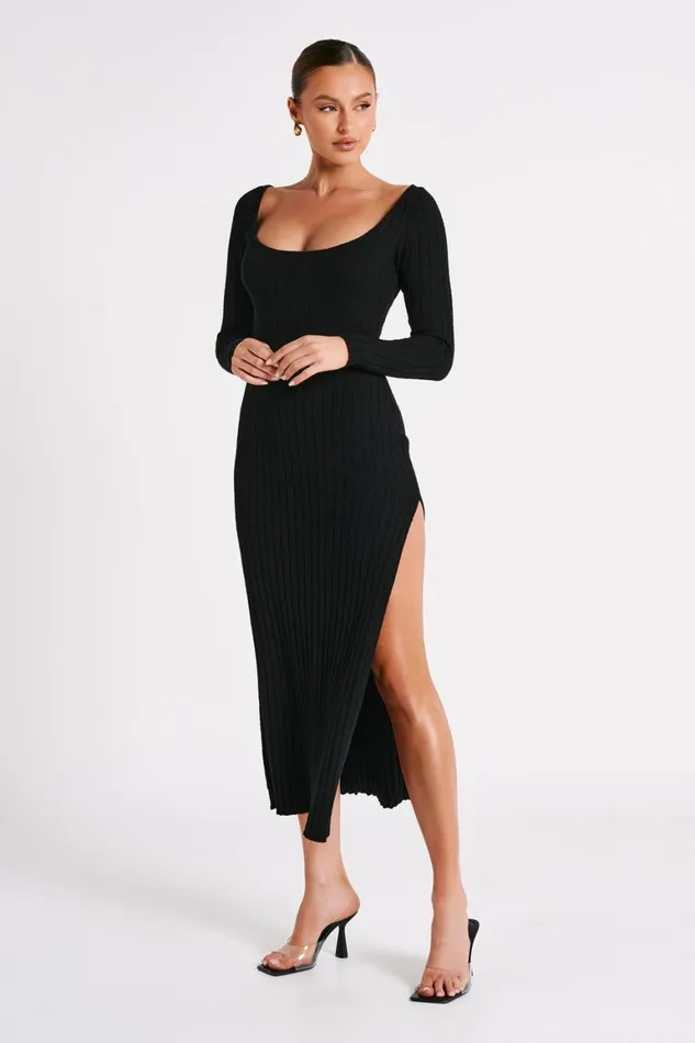 Women Zinnia Knit Maxi Dress With Split 8211 Black Black Meshki Maxi Dresses
