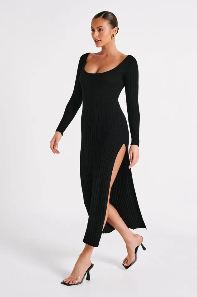 Women Zinnia Knit Maxi Dress With Split 8211 Black Black Meshki Maxi Dresses