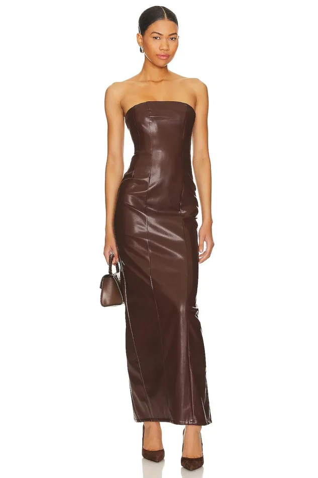 X Rachel Ana Faux Leather Maxi Dress Pecan Brown Women Lovers Friends Dresses